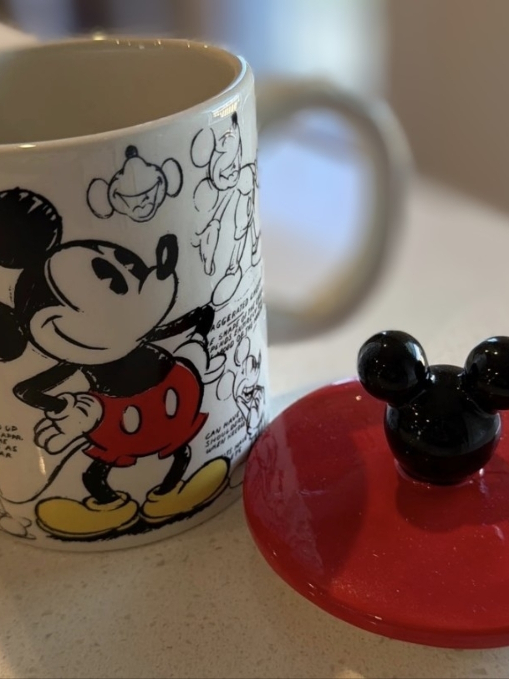 Disney Mickey Mouse Ceramic Mug with Red Lid and Black Ear Knob - Picture 3 of 3